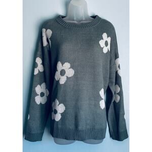Just Polly NY Green Daisy Sweater Oversized Cozy Fall Winter